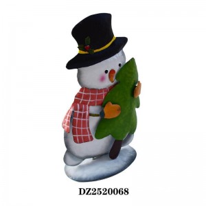 Christmas Snowman Decor – Festive Snowman Ornament with Plaid Scarf & Mini Christmas Tree | Winter Xmas Tabletop Home Decoration