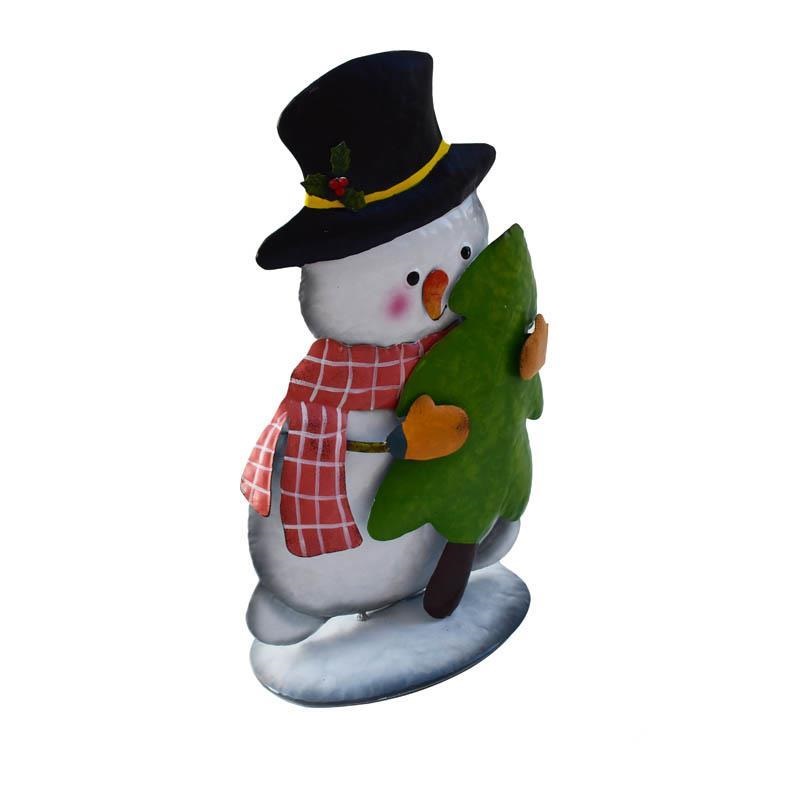 Christmas Snowman Decor – Festive Snowman Ornament with Plaid Scarf & Mini Christmas Tree | Winter Xmas Tabletop Home Decoration