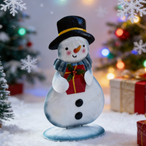 Christmas Snowman Decor – Festive Top Hat Snowman Ornament with Gift Box | Winter Xmas Tabletop Home Decoration for Holiday Party