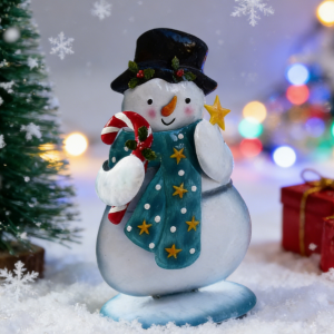 Christmas Snowman Decor – Festive Candy Cane Snowman Ornament with Star Scarf | Winter Xmas Tabletop Home Decoration