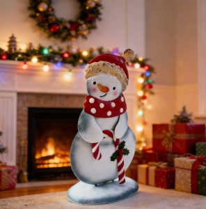 Christmas Snowman Decor – Festive Candy Cane Snowman Ornament with Red Dot Scarf | Winter Xmas Tabletop Home Decoration