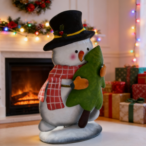 Christmas Snowman Decor – Festive Snowman Ornament with Plaid Scarf & Mini Christmas Tree | Winter Xmas Tabletop Home Decoration